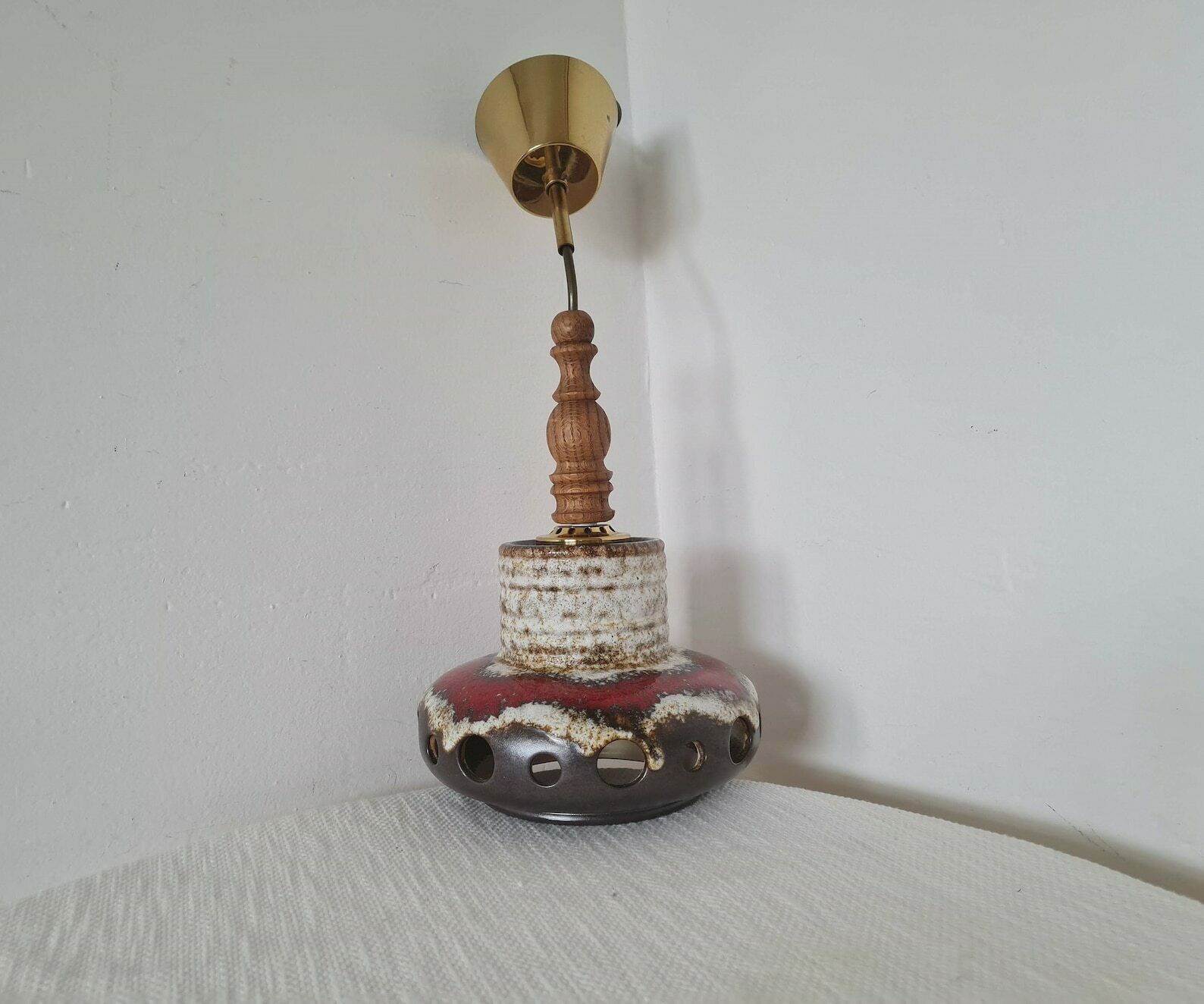 Vintage One Of Two Pendant Lamps With Wooden And Brass Fittings Hand Made Fat Lava Herda Gdr Design 70s photo for sale