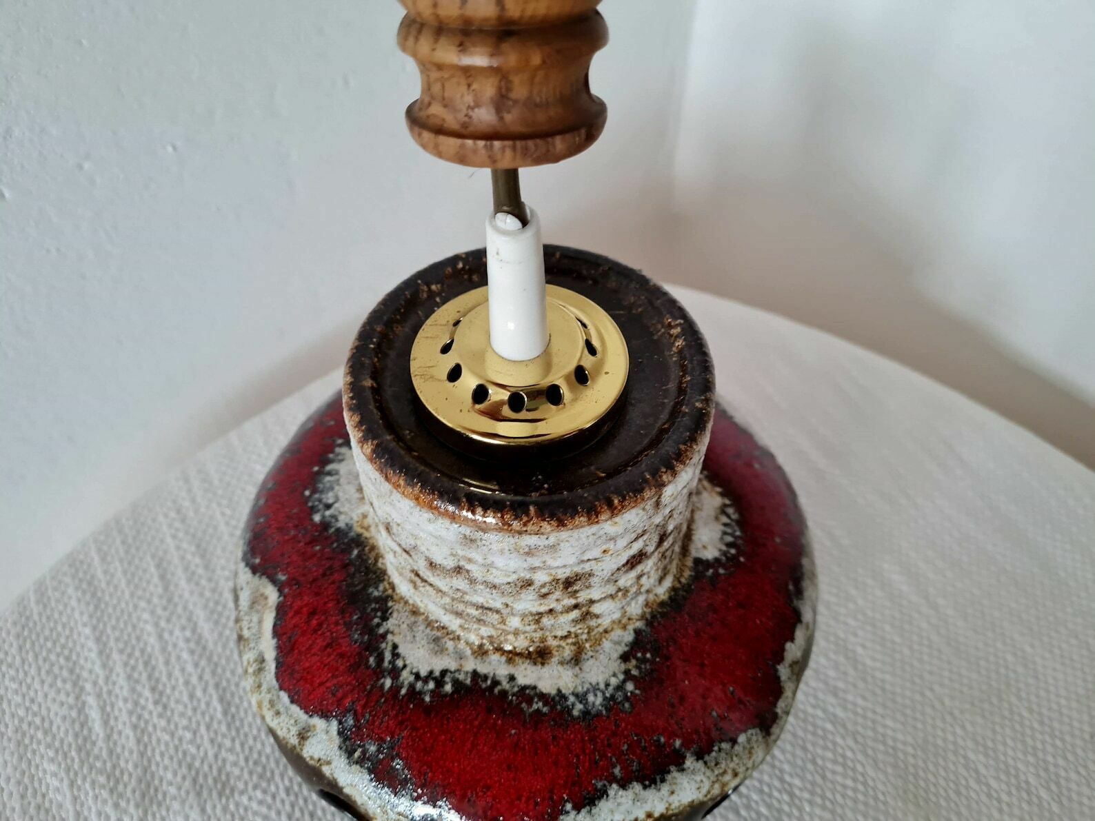 photo for sale Vintage One Of Two Pendant Lamps With Wooden And Brass Fittings Hand Made Fat Lava Herda Gdr Design 70s