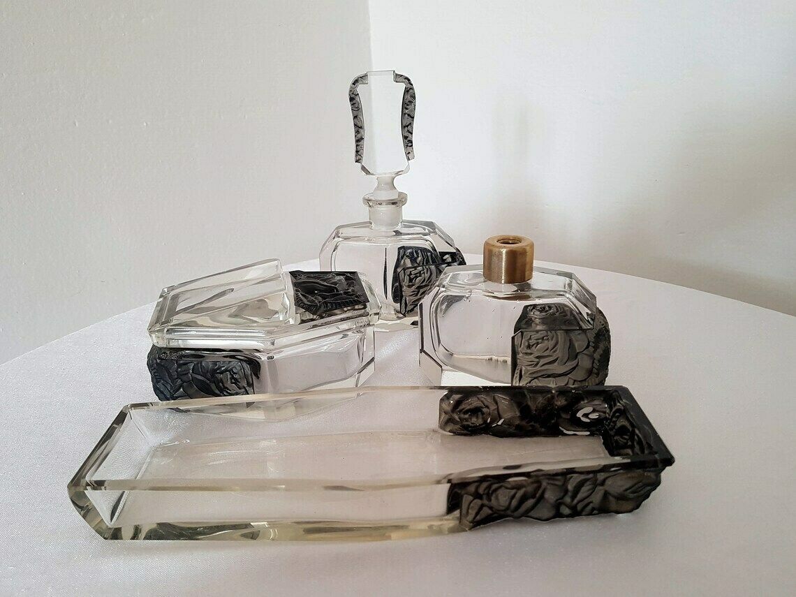 Collectible Bohemian Czech Art Deco Robert Richter Glass Vanity Set 4 Pieces Jablonec Nad Nissou (Gablonz) Ca. 1930