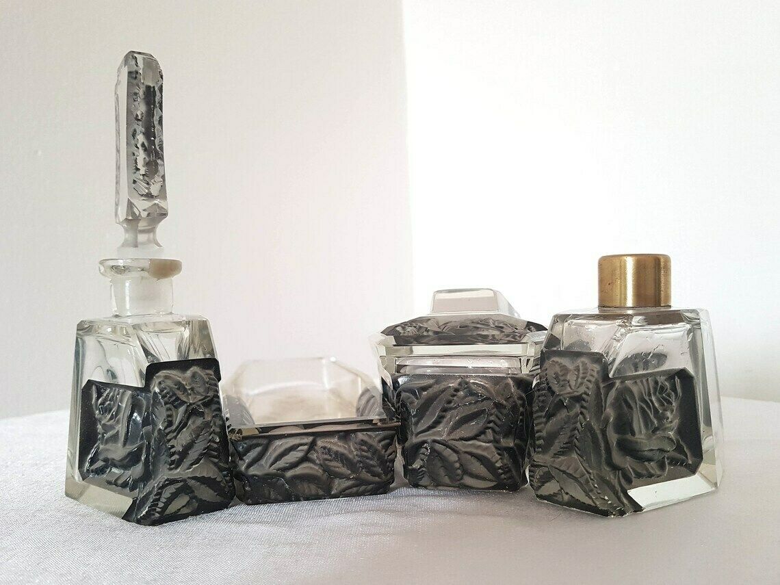 Collectible Bohemian Czech Art Deco Robert Richter Glass Vanity Set 4 Pieces Jablonec Nad Nissou (Gablonz) Ca. 1930 photo furniture