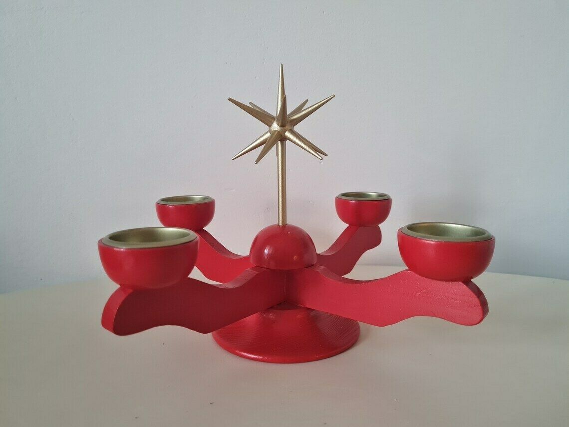 Vintage German Advent Candlestick With Christmas Star And 4 Candles Handmade Design photo vinterior