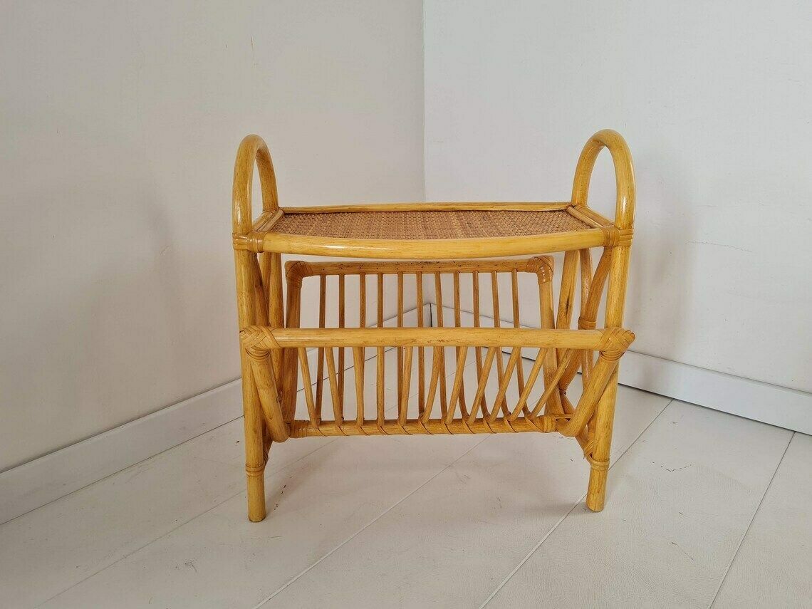 Vintage Mid Century Bamboo Rattan Magazin Holder 80s photo furniture