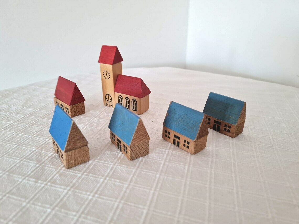photo for sale Vintage Erzgebirge Wooden Putz Houses Hand Painted Set Of 6 Pieces