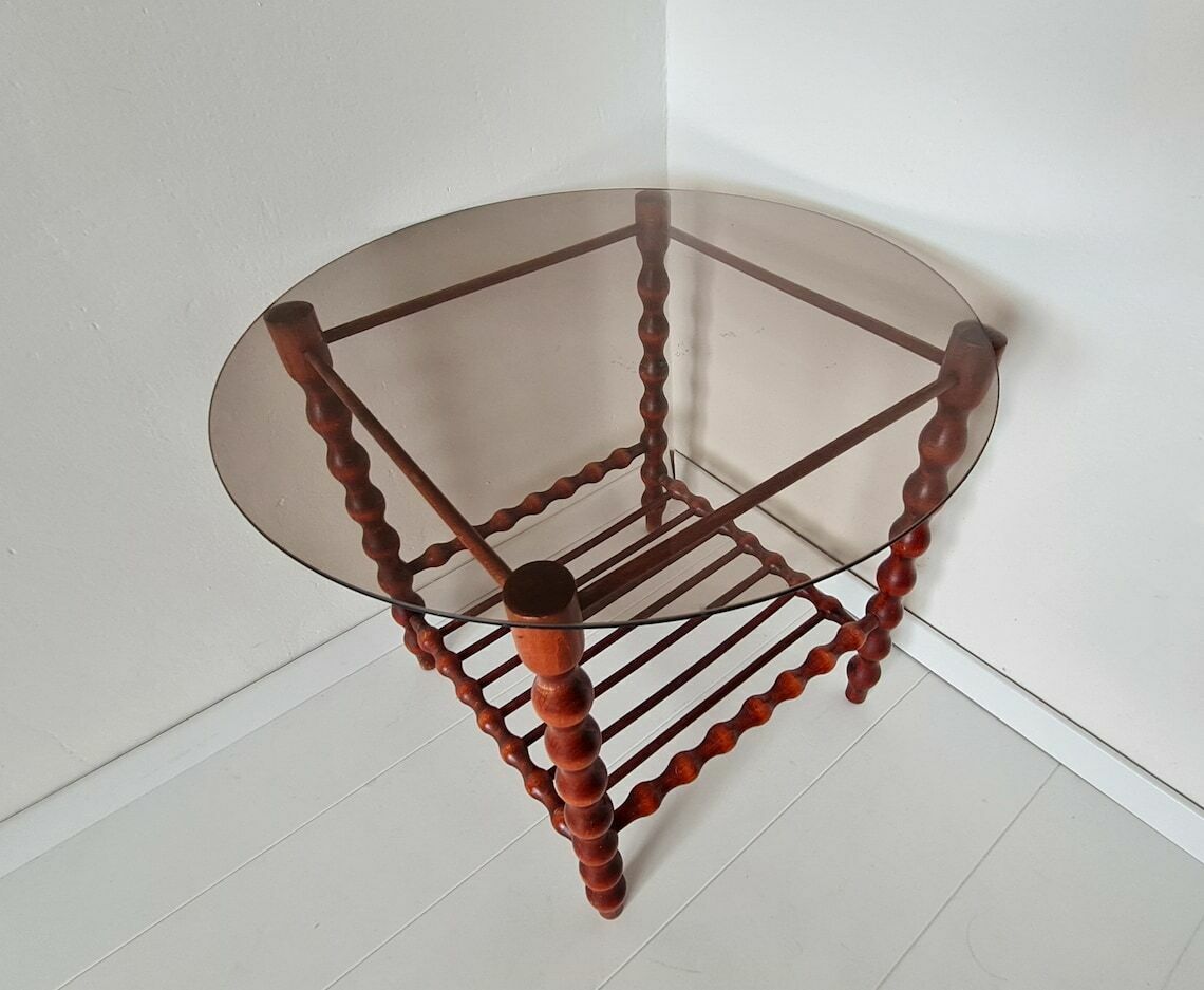 Vintage Mid Century Modern Houten Tafel Met Rookglas photo furniture