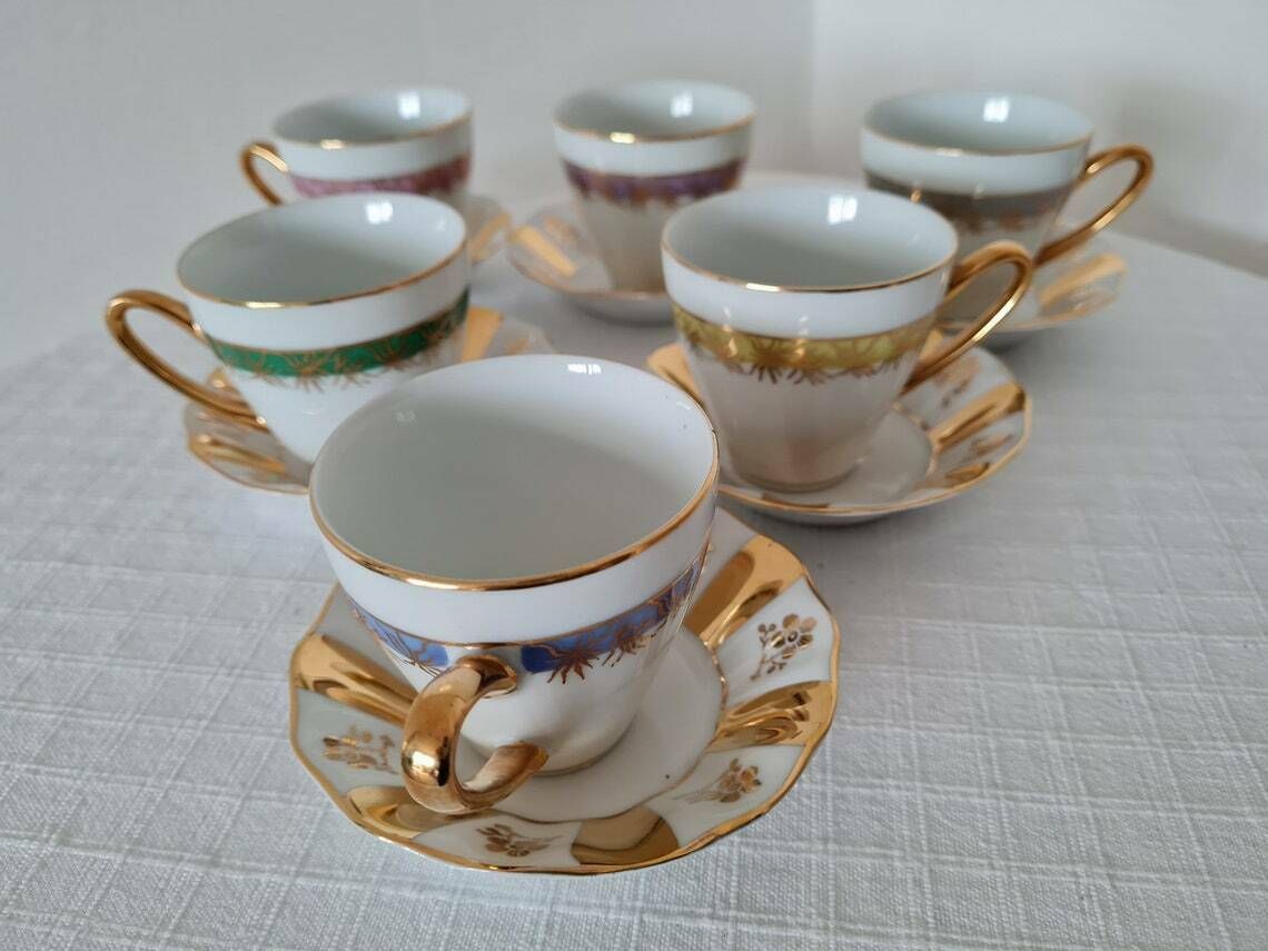 Vintage Coffee Czech Porcelain Set 6 Cups And 6 Saucers Made In Czechoslovakia 70s photo furniture