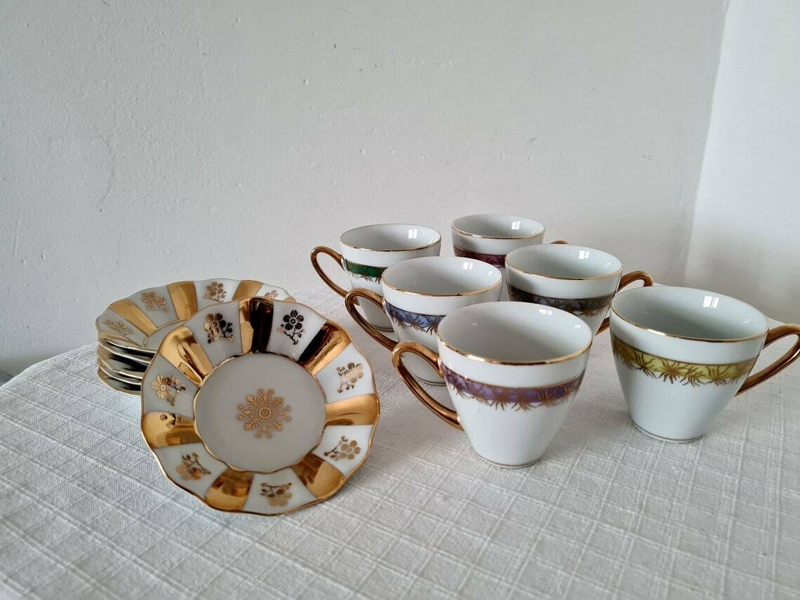 Vintage Coffee Czech Porcelain Set 6 Cups And 6 Saucers Made In Czechoslovakia 70s photo for sale