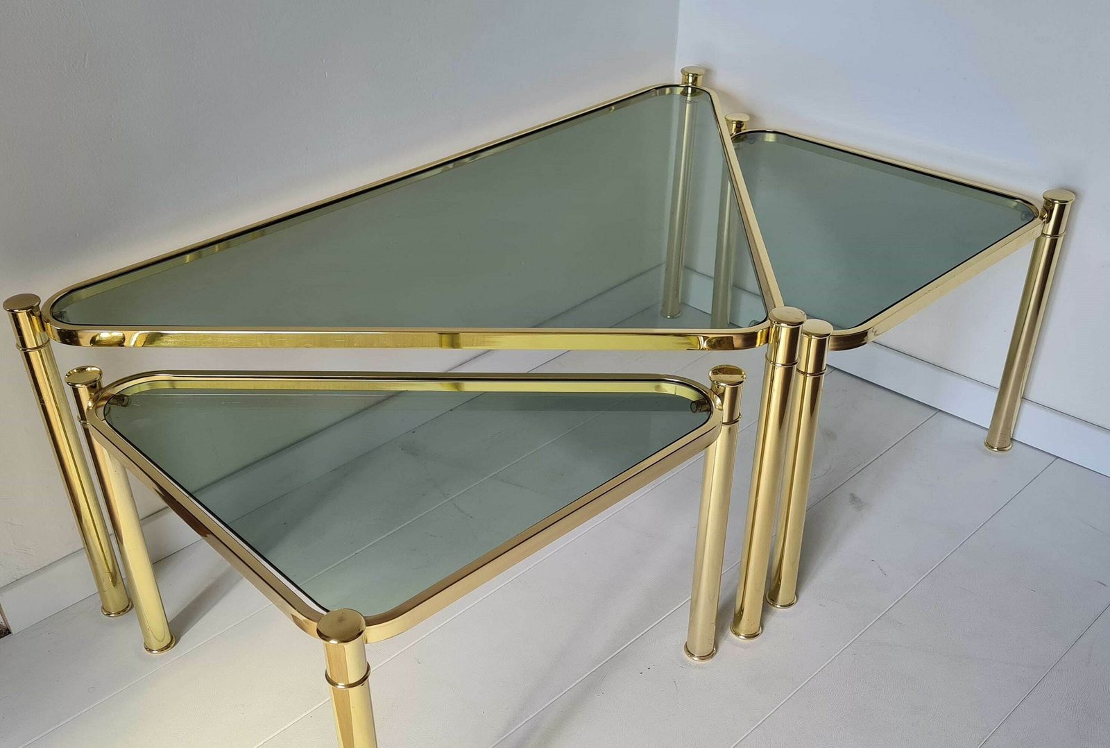 photo for sale Vintage Mid Century Modern Chrome And Glass Nesting Table Set Of 3