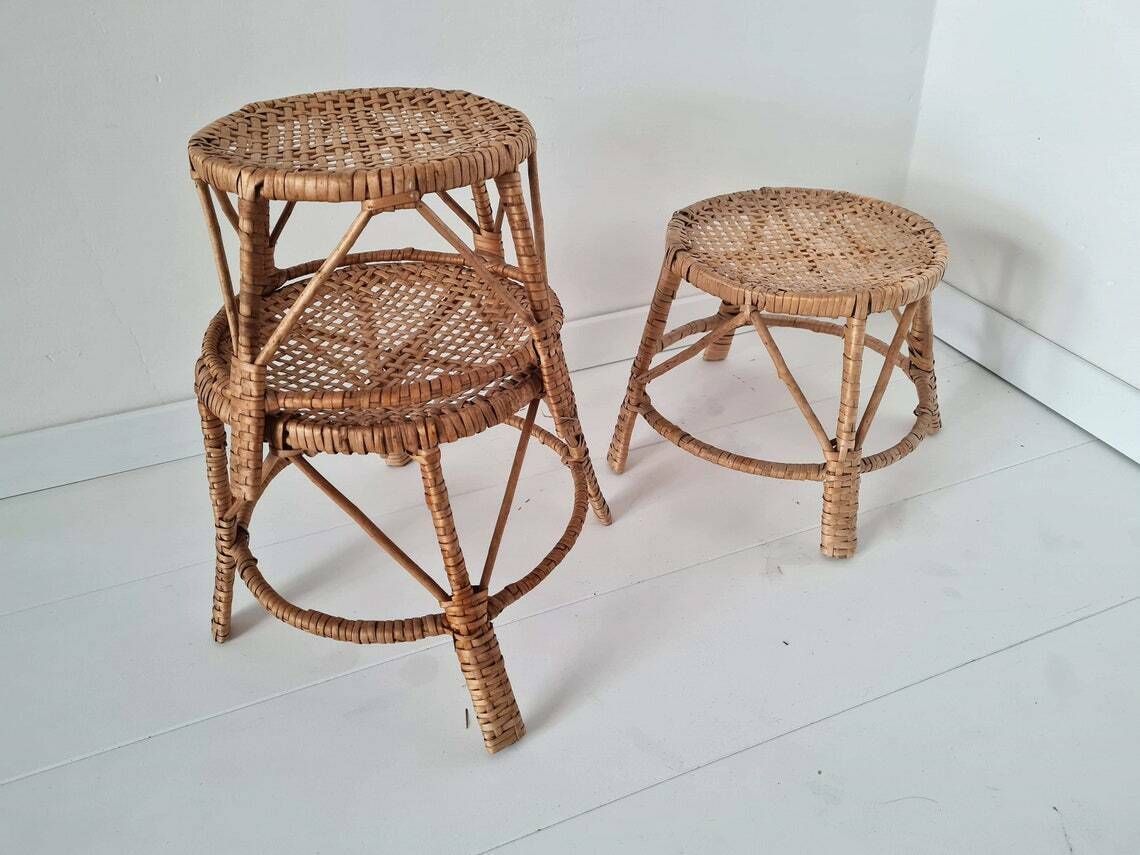 Vintage Mid Century Set Of 3 Rattan Plant Stands photo vinterior