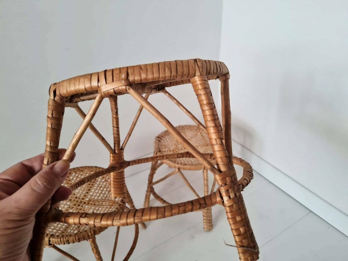 Vintage Mid Century Set Of 3 Rattan Plant Stands photo vintage