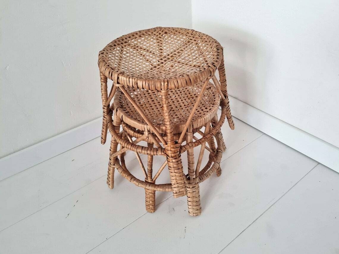 photo furniture Vintage Mid Century Set Of 3 Rattan Plant Stands