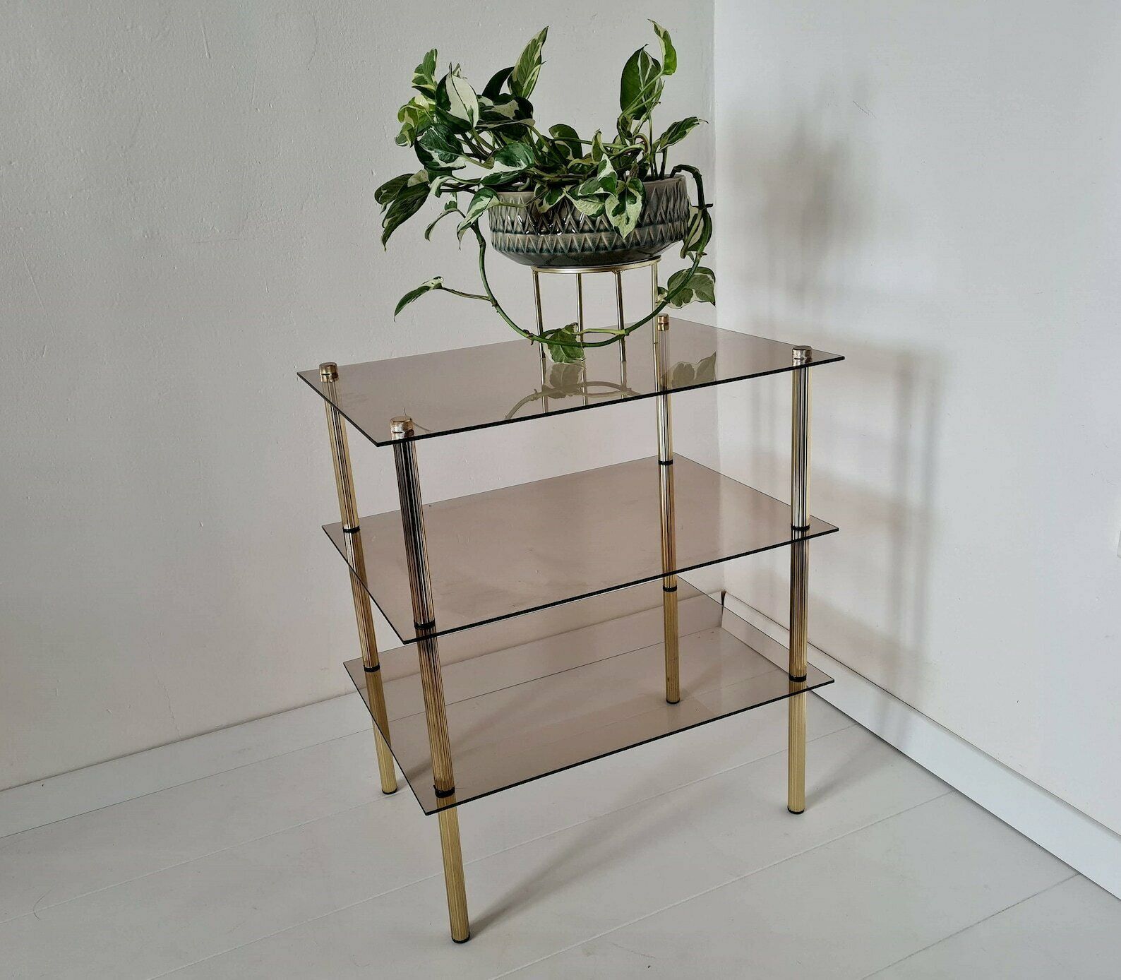 Vintage Hollywood Regency Style Shelf Brass And Smoked Glass Mcm photo for sale