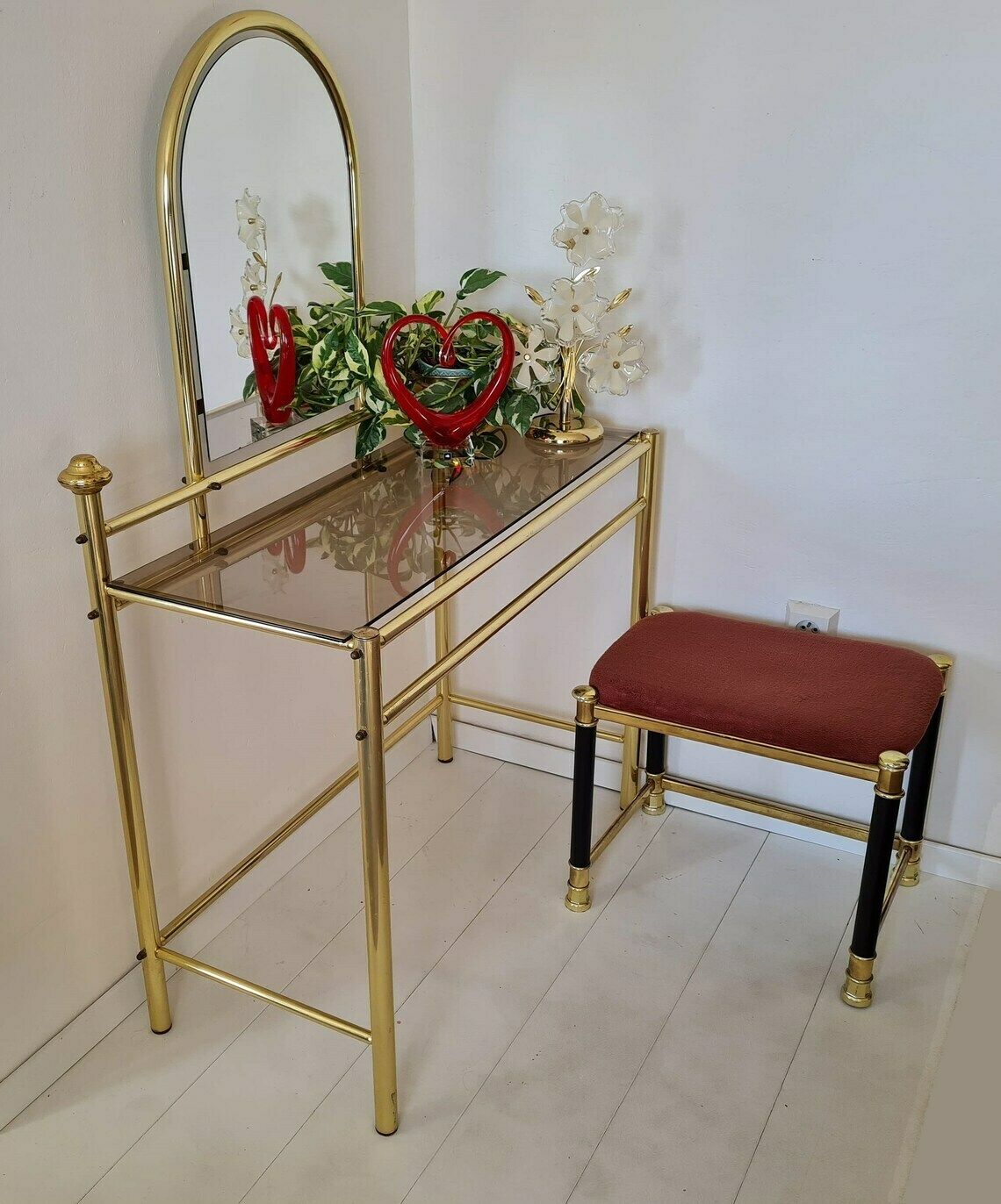 slim fit dress slacks 4-Drawer Makeup Vanity, Modern Dressing Table with Glass Desktop(Without Mirror)