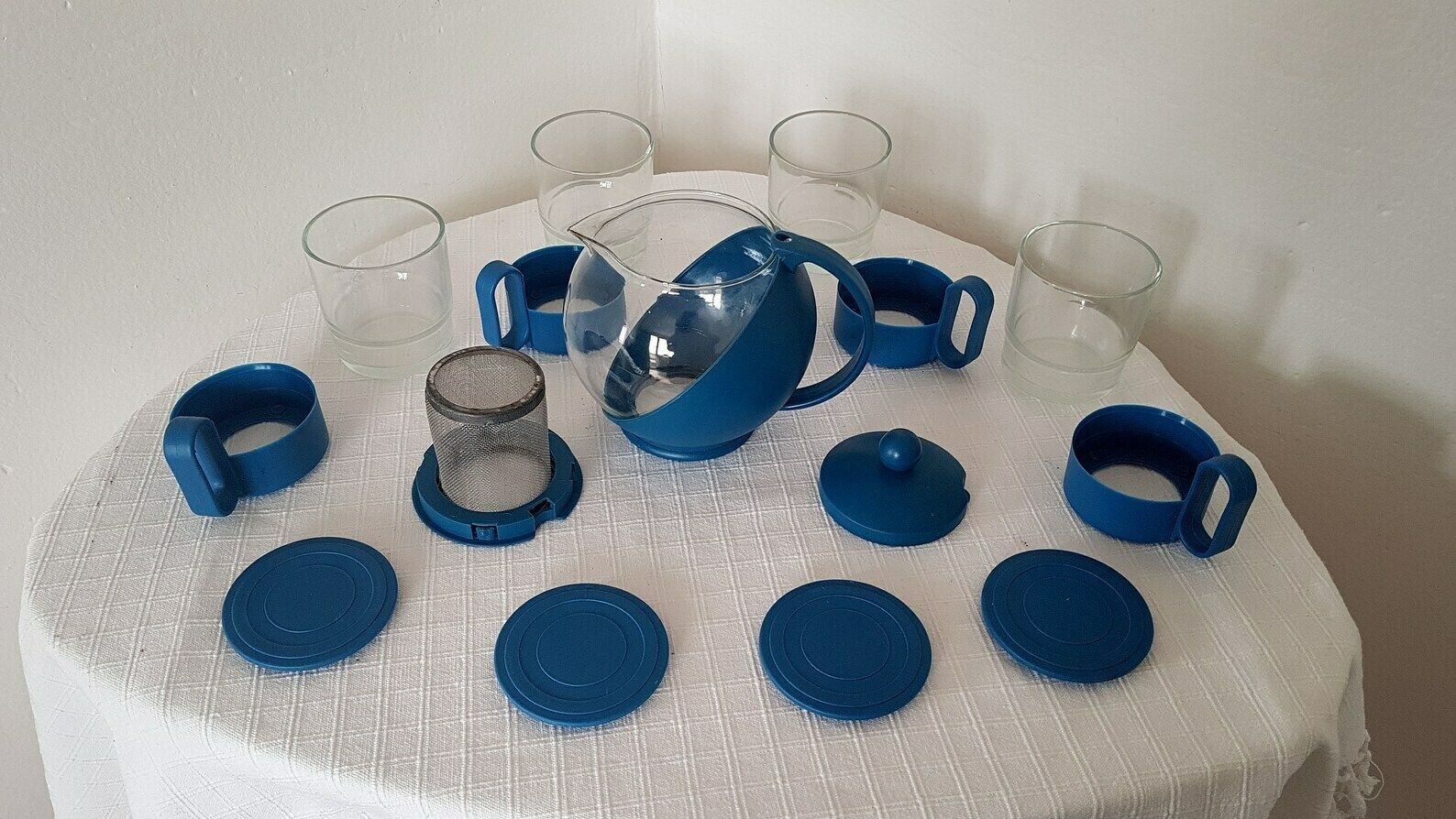 Vintage Space Age Retro Set Glass/Plastic Kettle And Cups In Original Box 80s photo furniture