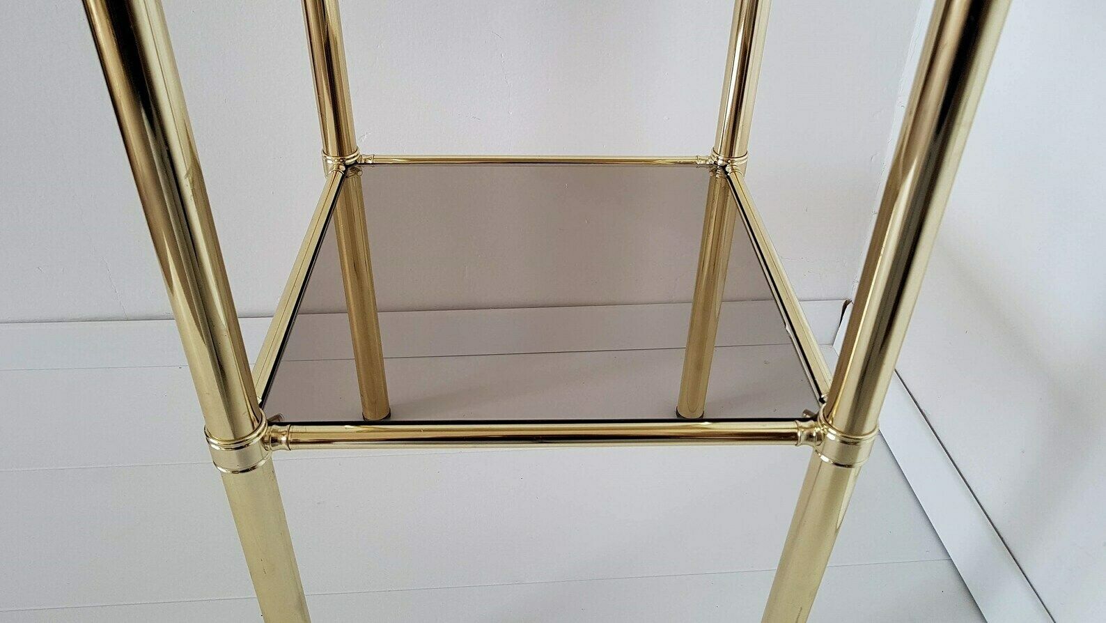 Vintage Hollywood Regency 80s Shelf Gold Brass 2 Smoked Glass Mcm photo vintage