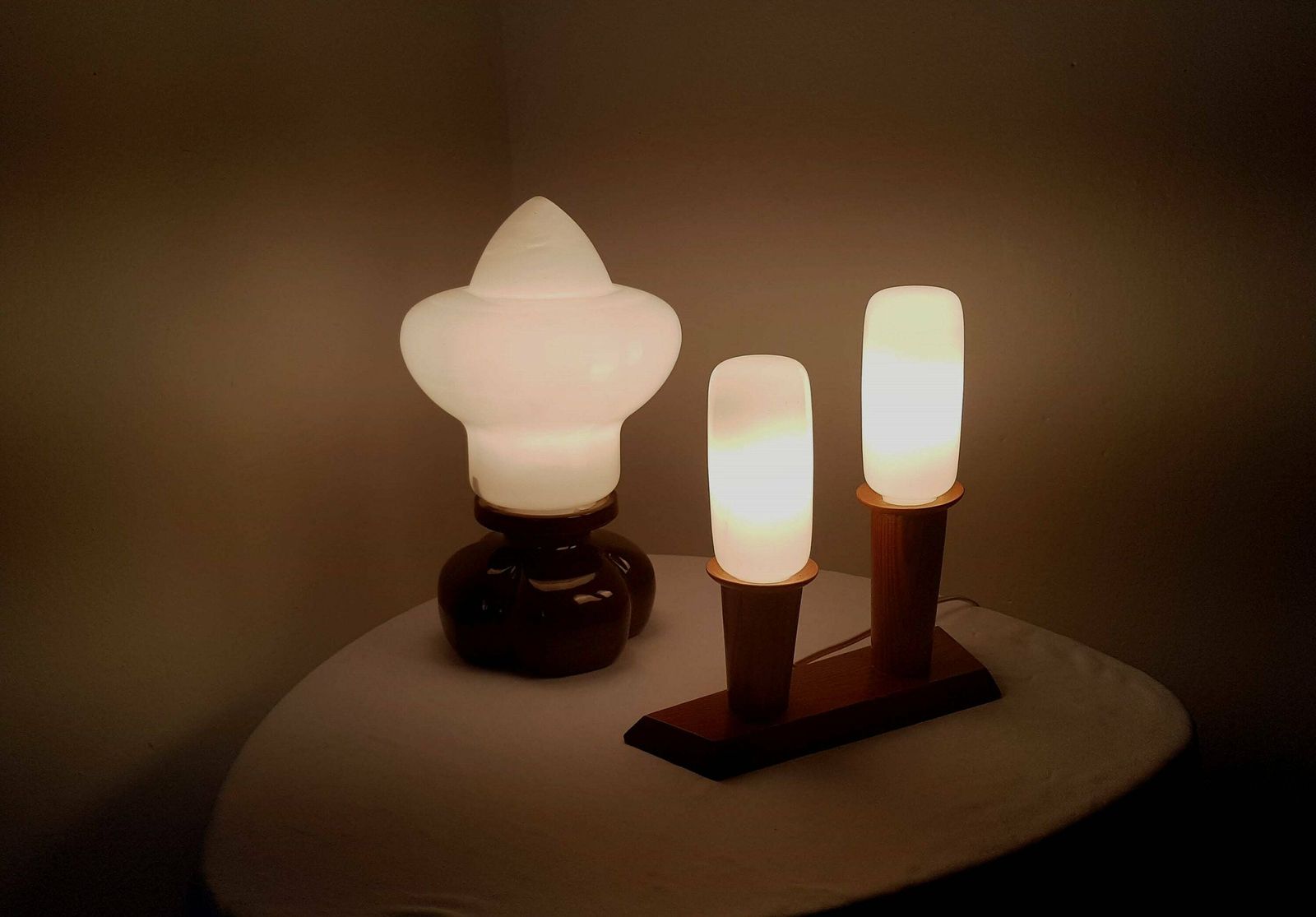 photo for sale Vintage Dual Table Lamp Opal Glass And Wood Czechoslovakia 60's With Original Tesla Intima Lamps 225v 40w 27 E