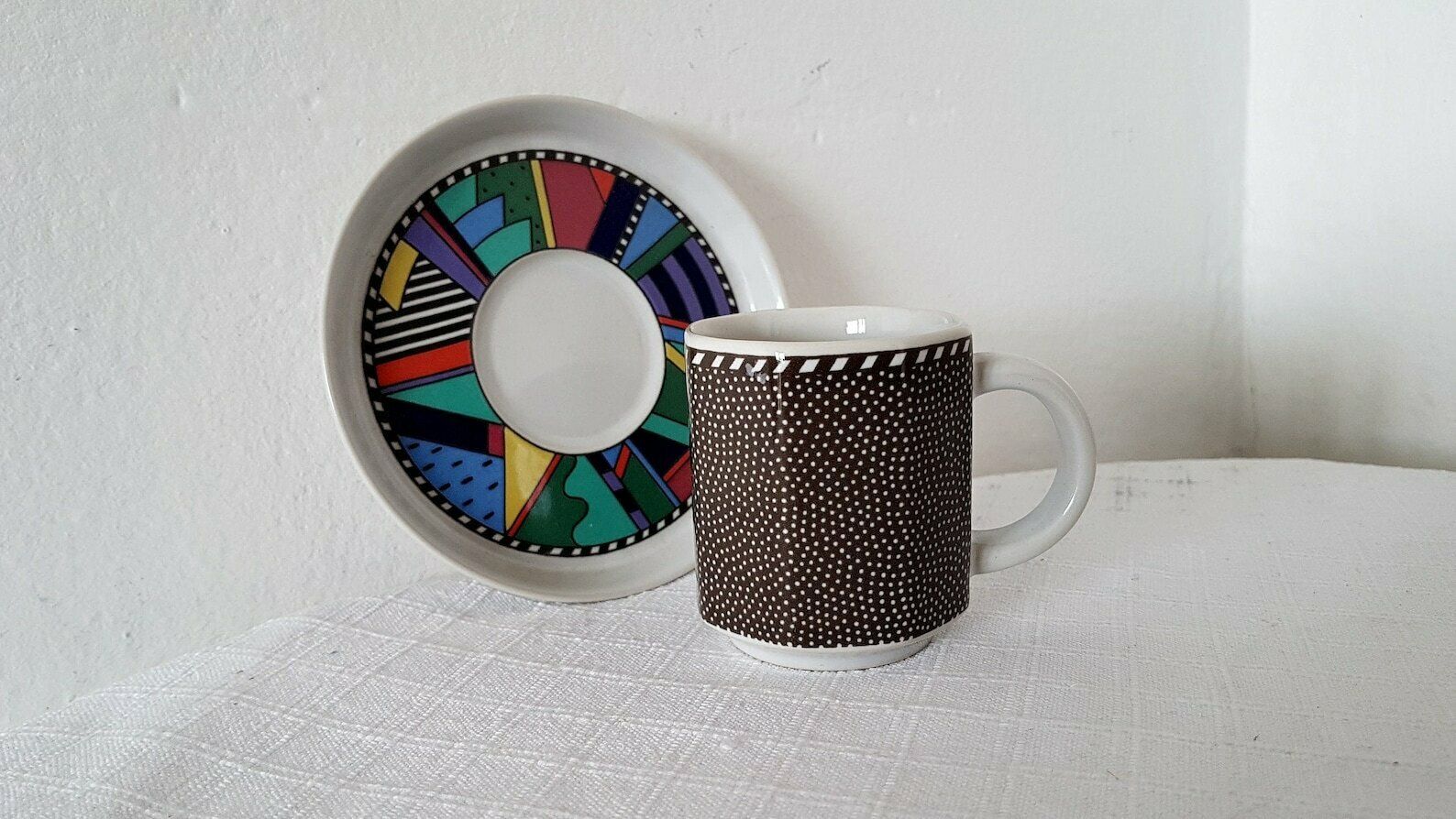 Vintage Rosenthal Memphis Milano Style Porcelain Set Of 2 Coffee Cup And Saucer 80s