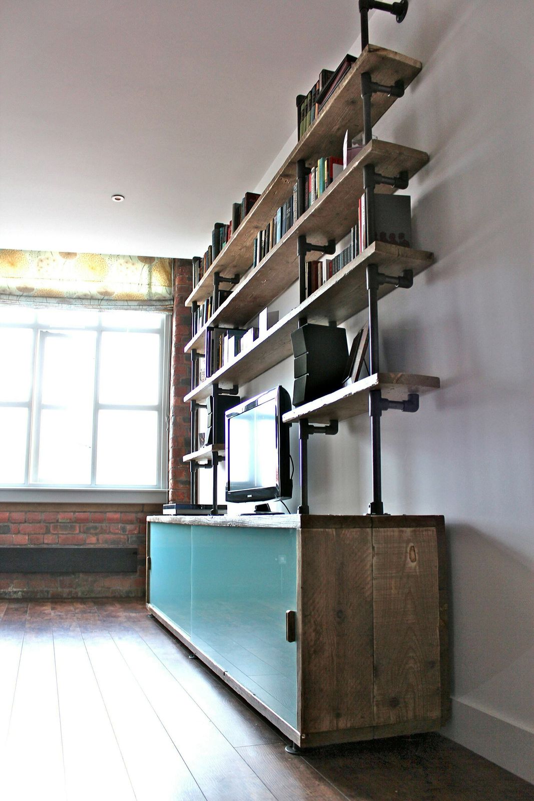 Simeon Reclaimed Scaffolding Board Storage Unit With Painted Glass Sliding Doors And Dark Steel Supported Shelving photo 4100.0