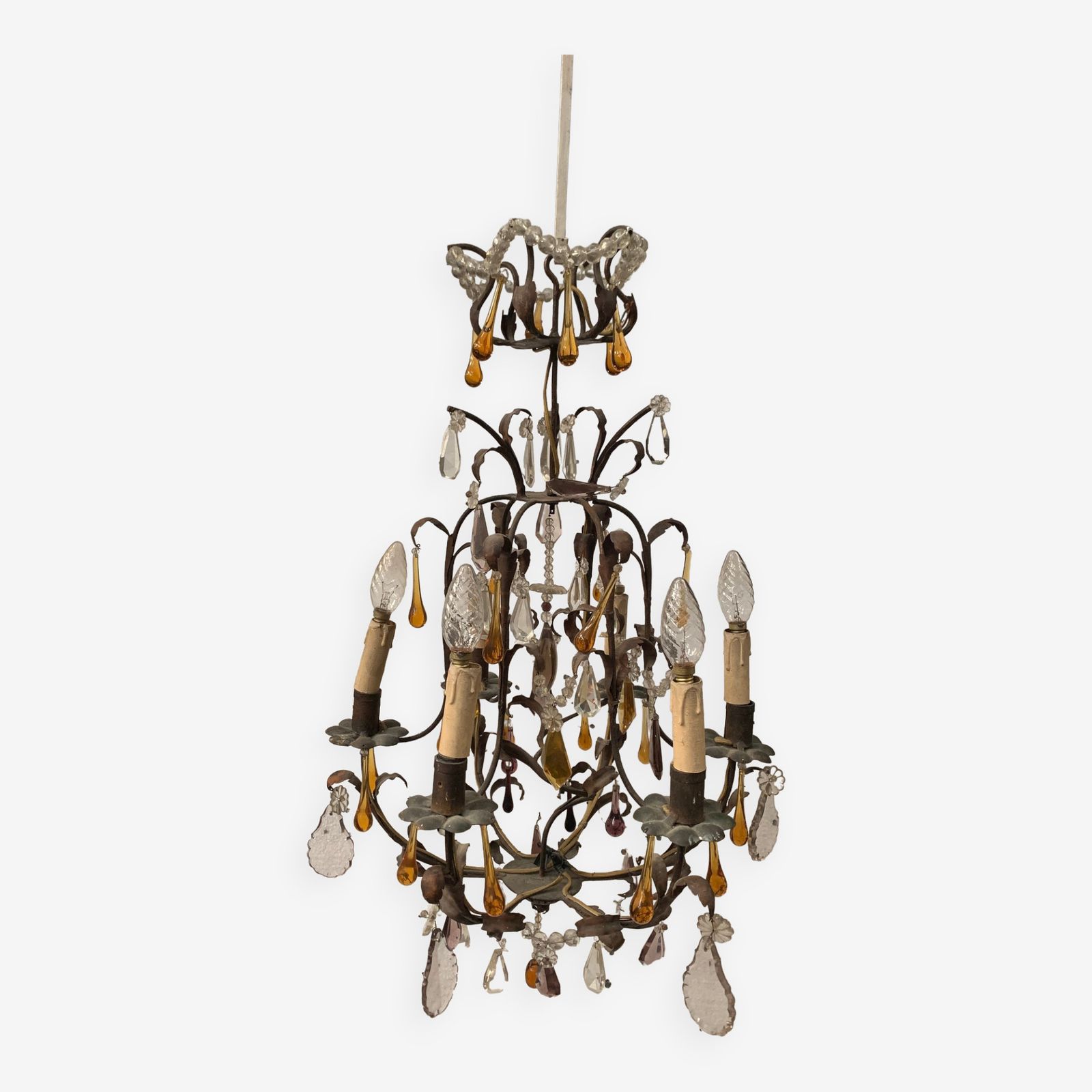 Louis XV Style Cage Chandelier With Pendants And Drop Of Water XX Century