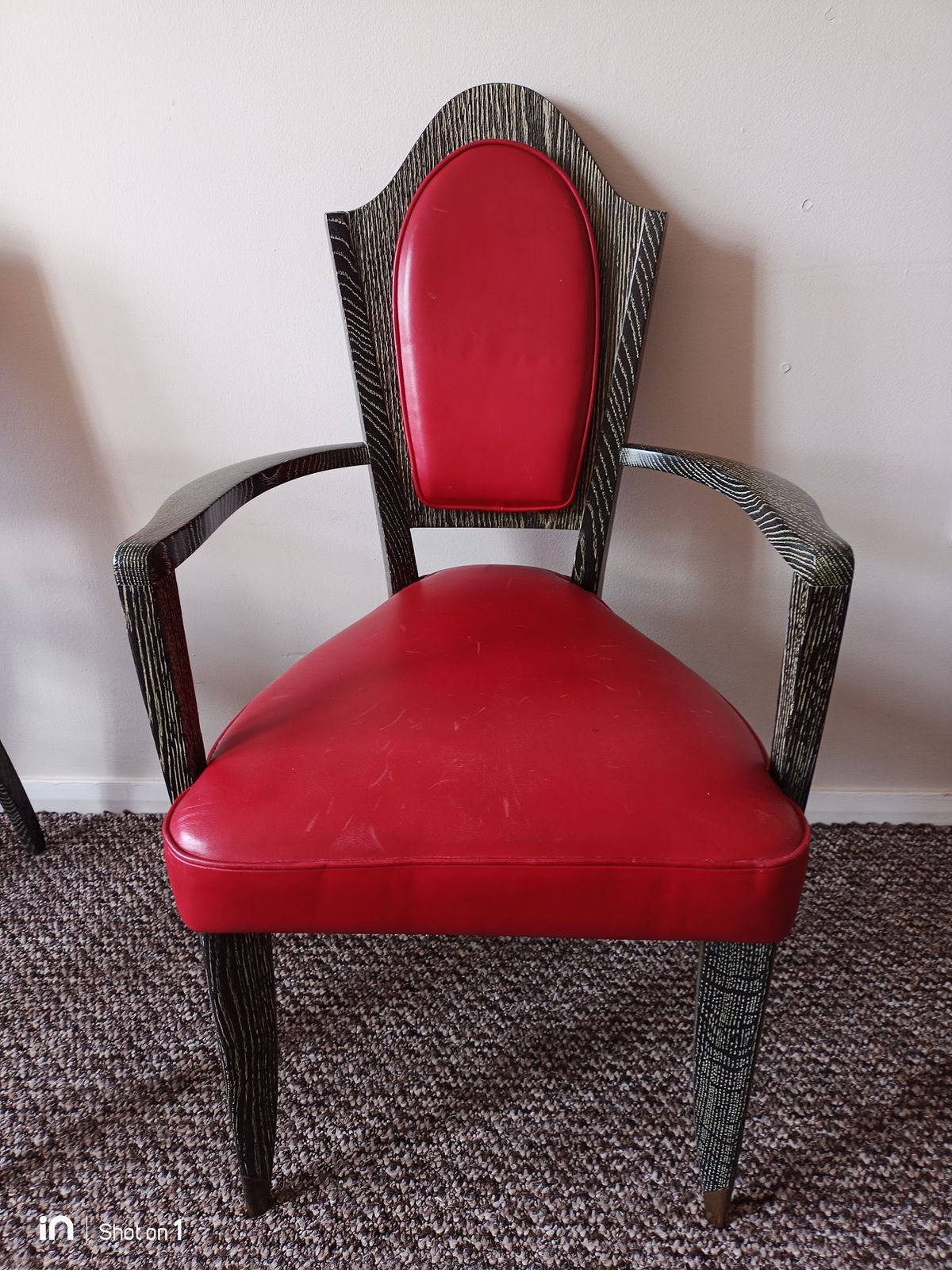 French Late Art Deco Chairs, Limed Oak Wood Frames, Red Leather Upholstery. 1940's. Set Of 4 photo for sale