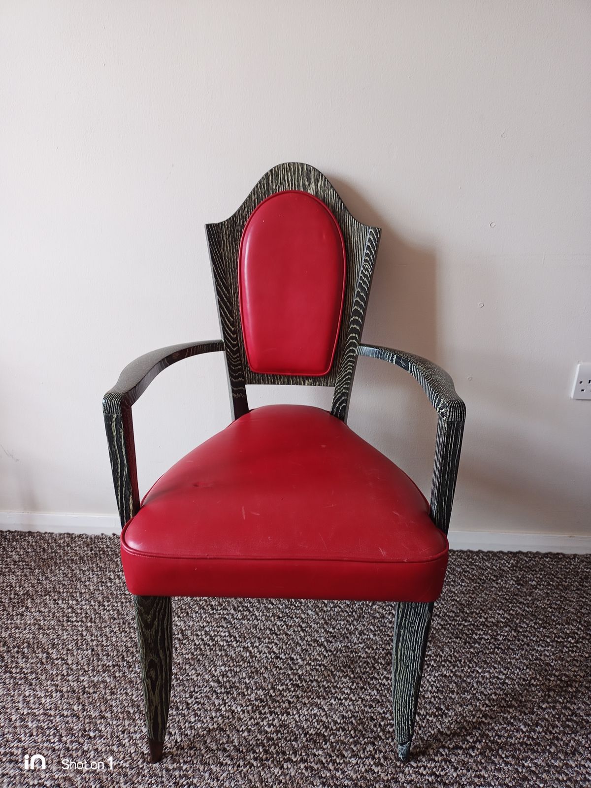 French Late Art Deco Chairs, Limed Oak Wood Frames, Red Leather Upholstery. 1940's. Set Of 4 photo vinterior