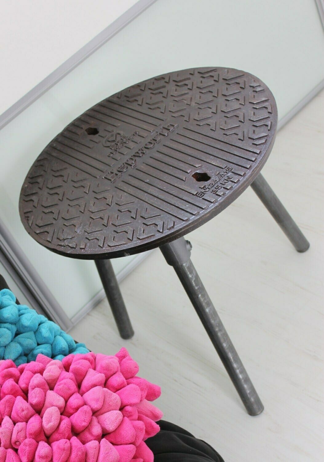 Jeremy Reclaimed Manhole Cover Side Table With 3 Splayed Dark Steel Legs And Bright Viridian Underside