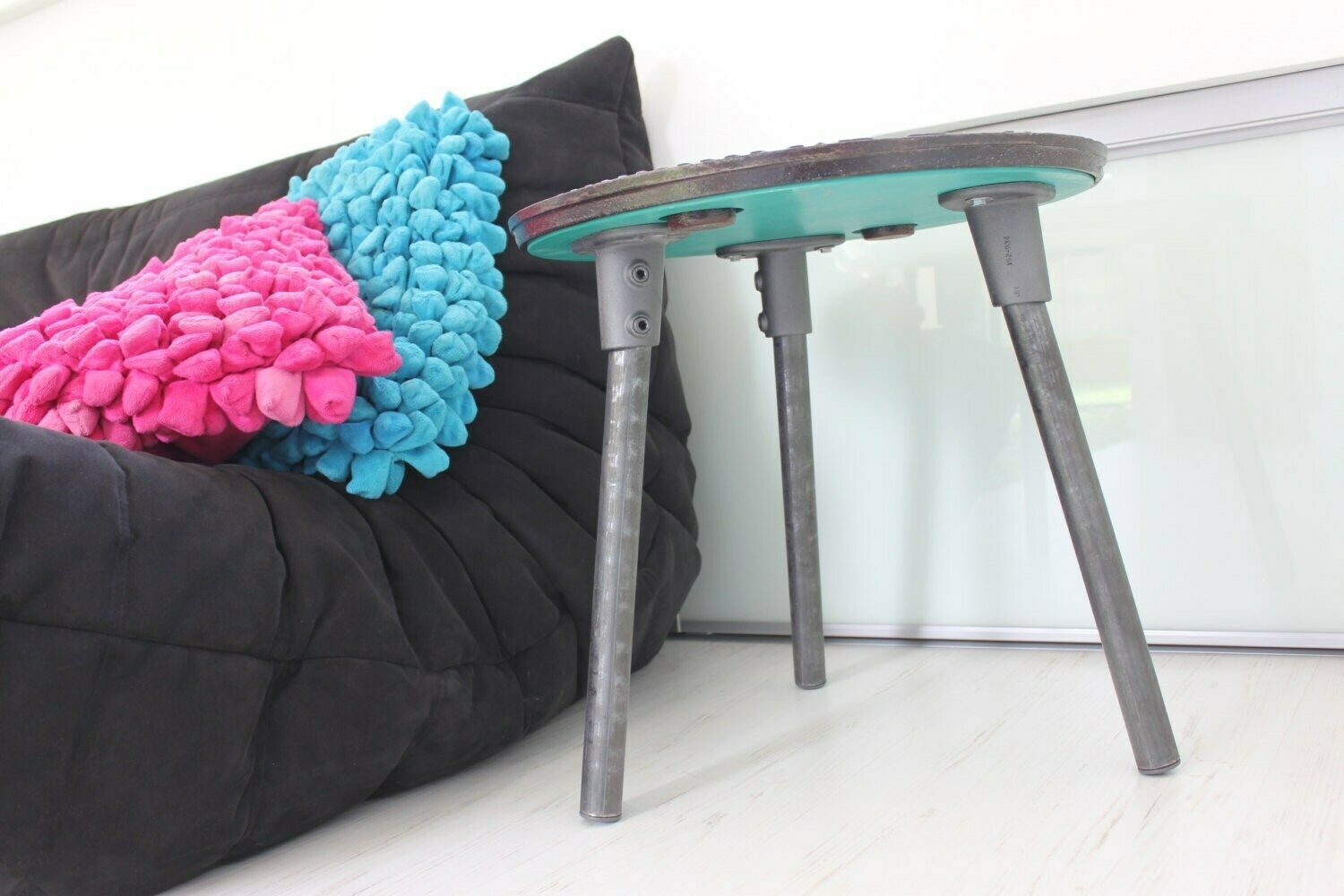 Jeremy Reclaimed Manhole Cover Side Table With 3 Splayed Dark Steel Legs And Bright Viridian Underside photo Furniture