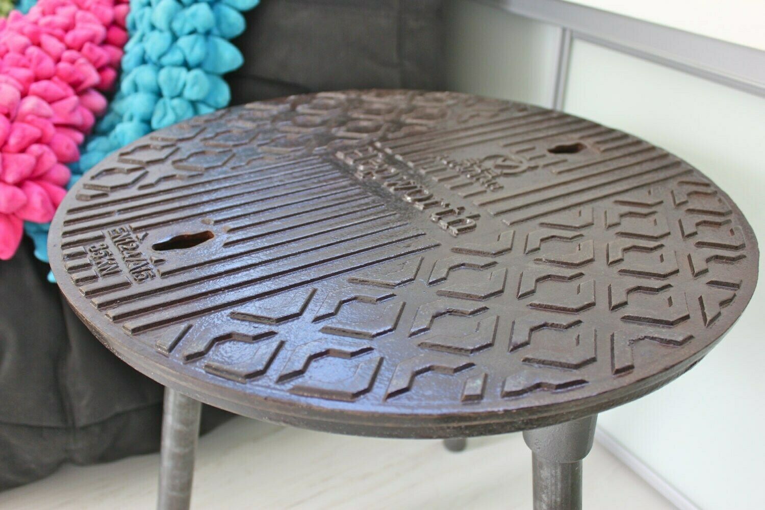 Jeremy Reclaimed Manhole Cover Side Table With 3 Splayed Dark Steel Legs And Bright Viridian Underside photo 855.0