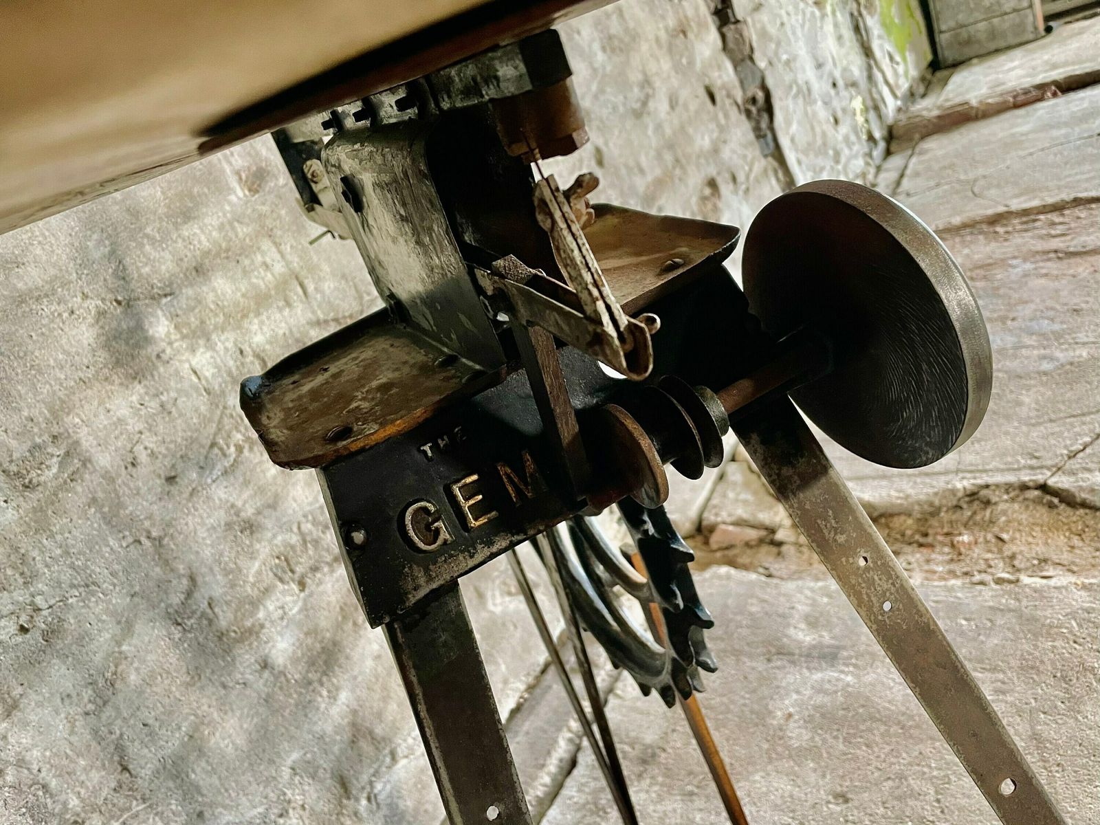 photo furniture Freya Antique And Repurposed Band Saw Side Table With Reclaimed Scaffolding Board Top