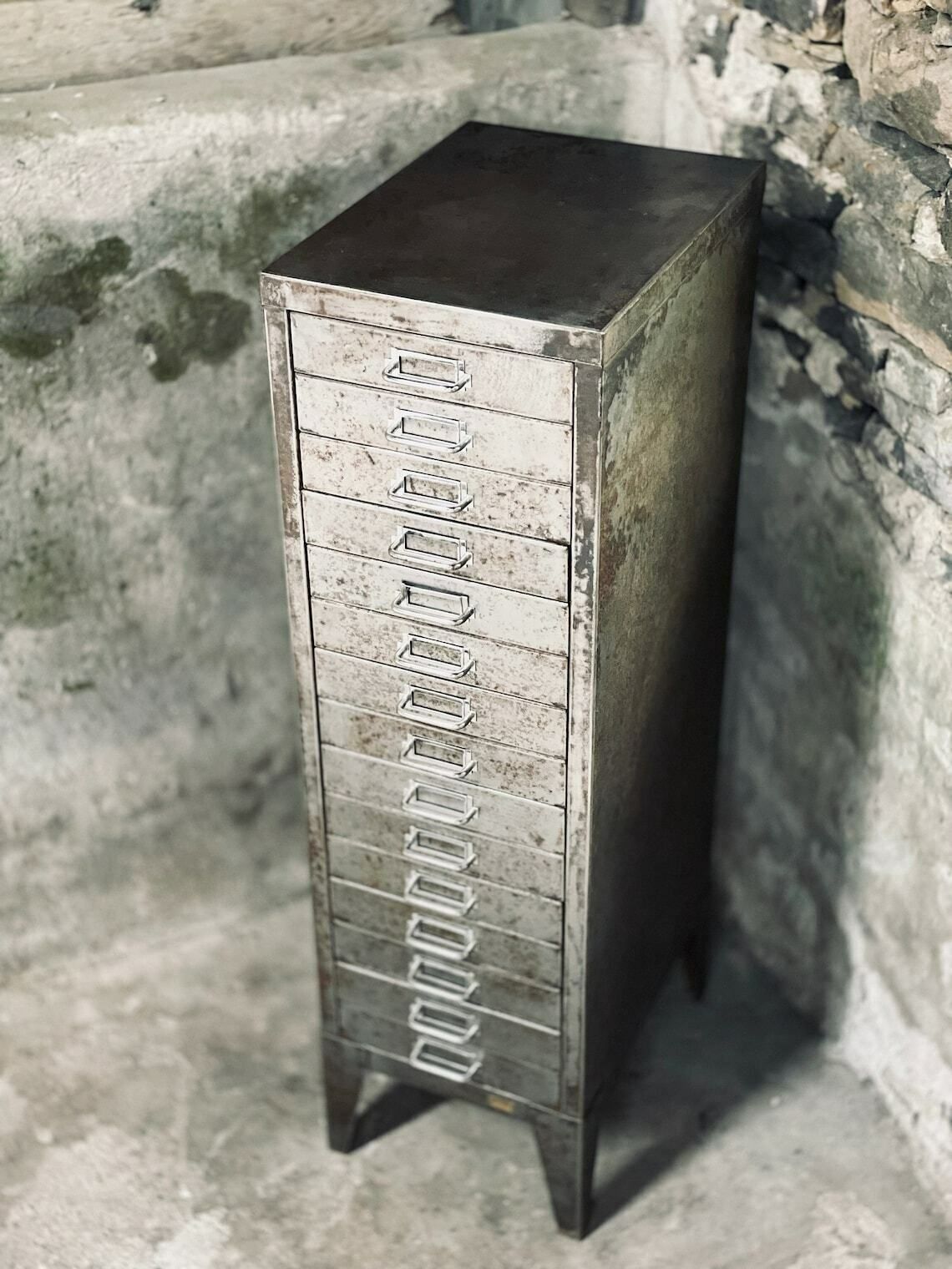 Tall And Narrow Reclaimed Vintage Urban Industrial 1950s Stripped Steel 15 Drawer Filing Cabinet With Chrome Handles