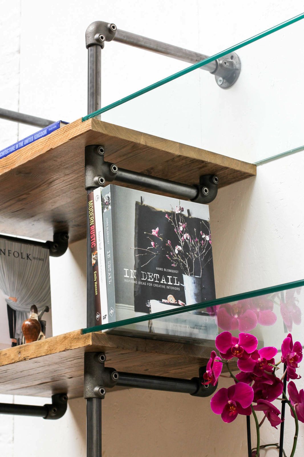 Hannah Reclaimed Scaffolding Boards, Dark Steel Pipe And Toughened Glass Industrial Desk And Shelves photo furniture