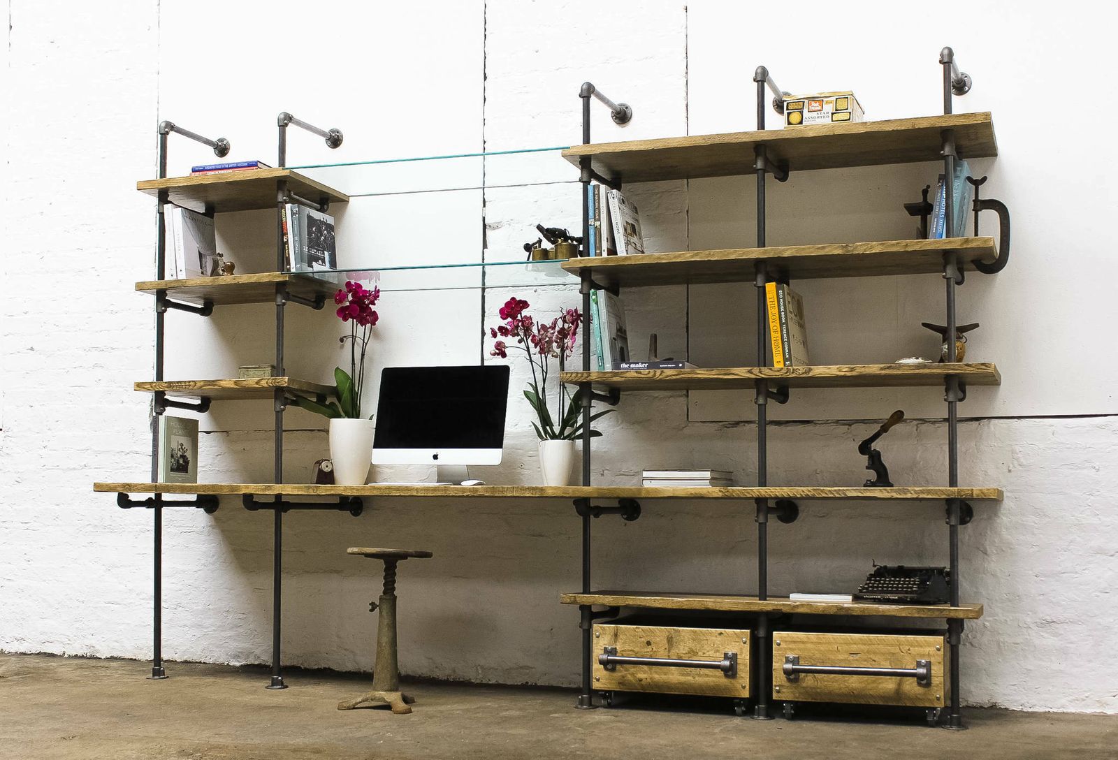 Hannah Reclaimed Scaffolding Boards, Dark Steel Pipe And Toughened Glass Industrial Desk And Shelves photo for sale
