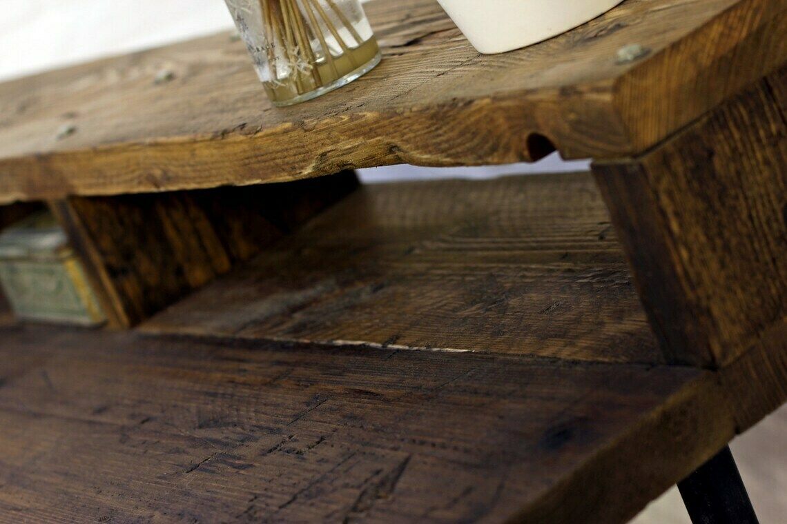 Tovey Reclaimed Dark Stained Scaffolding Board And Pipe Industrial Style Desk With Top And Lower Under Shelves   By photo furniture