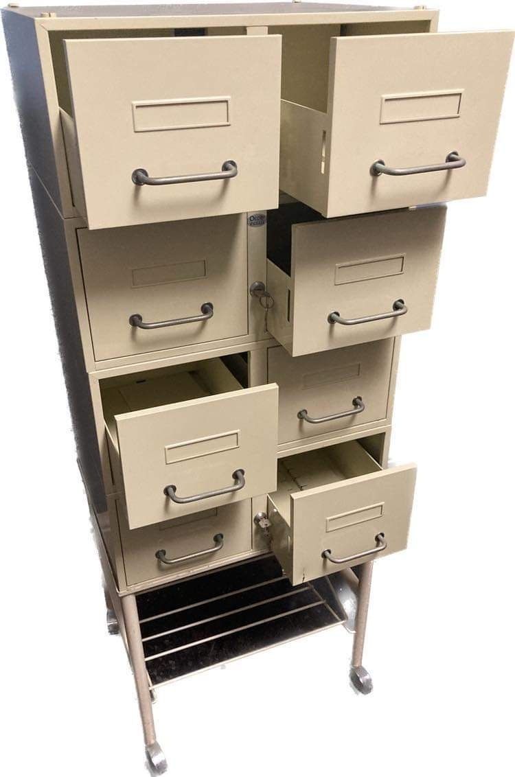 photo vintage Large French Steel Medical Cabinet On Wheels , Lockable