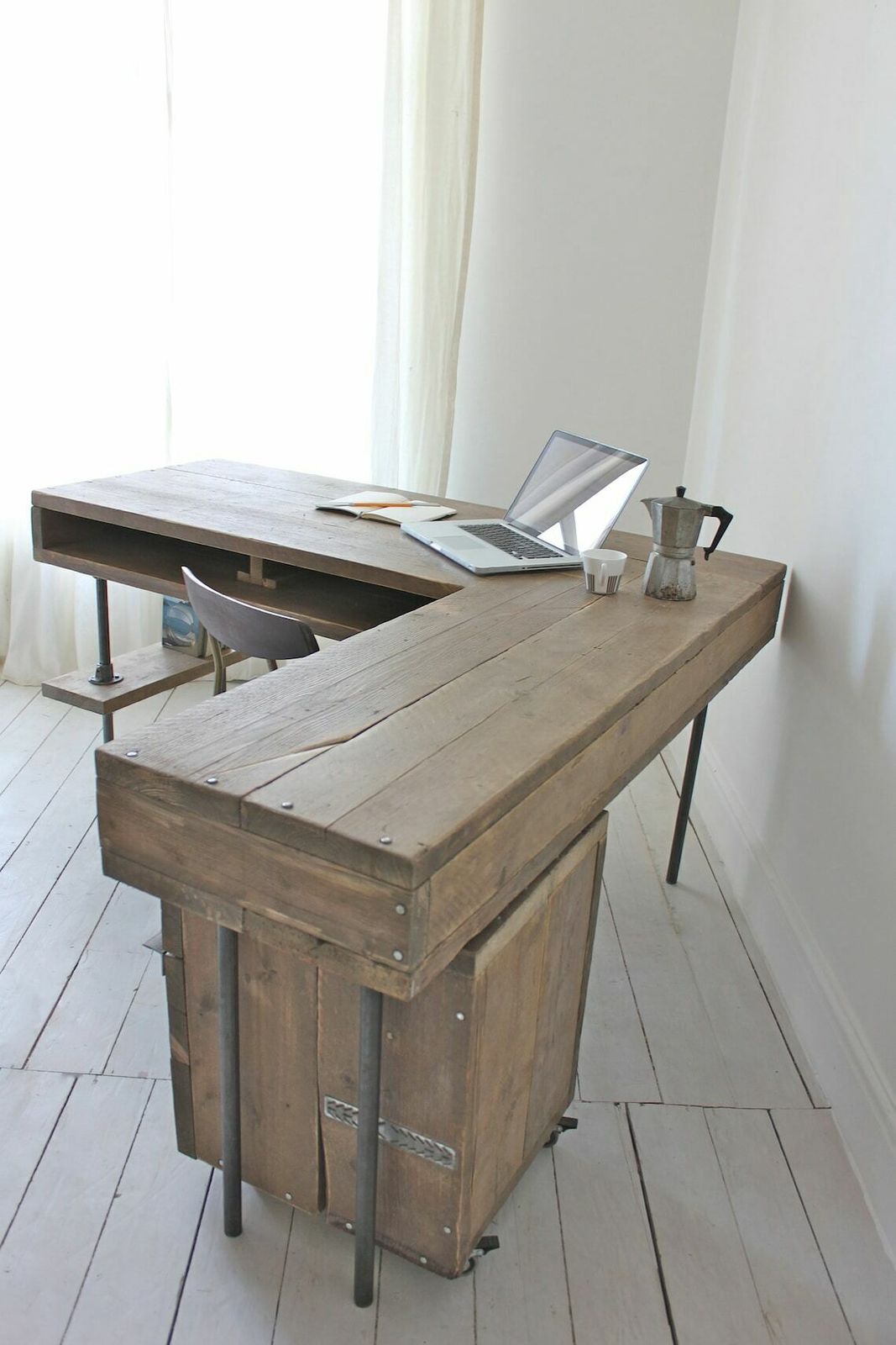 Katy Reclaimed Scaffolding Board Drawer Unit On Castors With Dark Steel Angular Handles   Filing/Bedside/ Cabine photo for sale