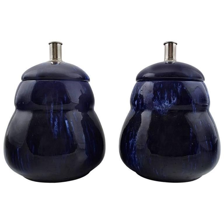 Pair Of Rörstrand Lidded Vases In Dark Blue Faience. 1930s 1940s