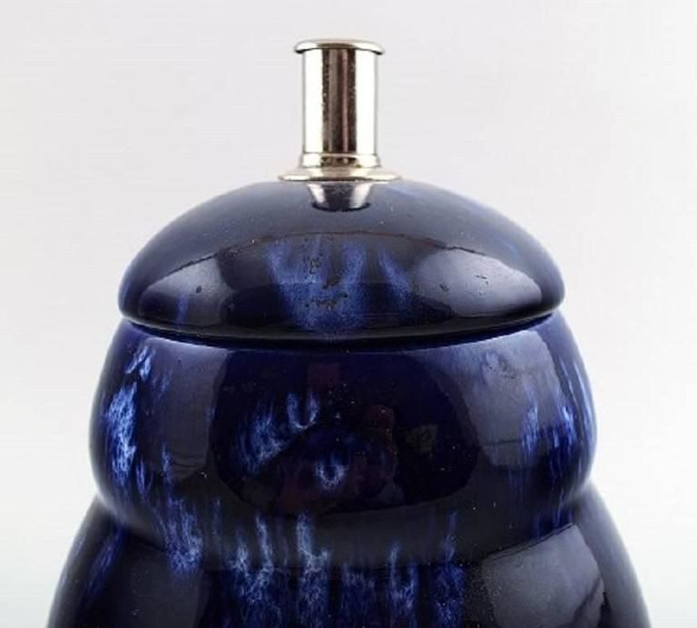 Pair Of Rörstrand Lidded Vases In Dark Blue Faience. 1930s 1940s photo for sale