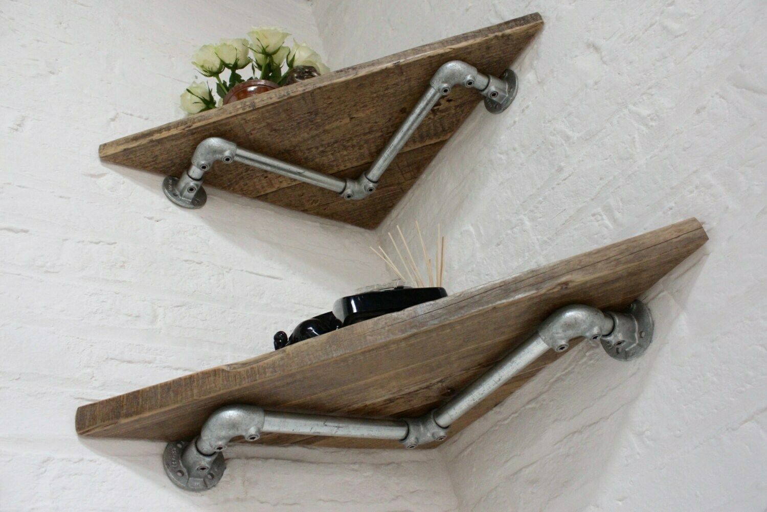 Vikki Pair Of Reclaimed Wood Corner Shelves With Galvanised Steel Pipe Wall Brackets   Bespoke Industrial Furniture