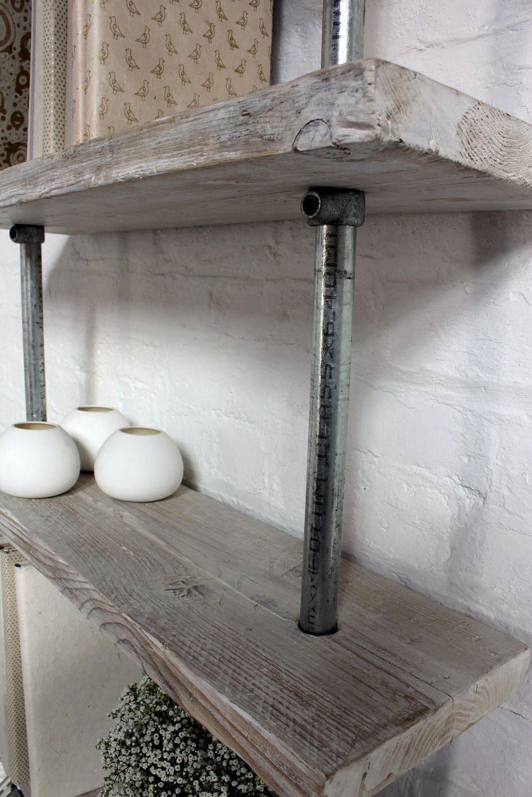 Robyn Adjustable Reclaimed White Washed Scaffolding Boards And Galvanised Steel Pipe Shelves/Bookcase photo for sale