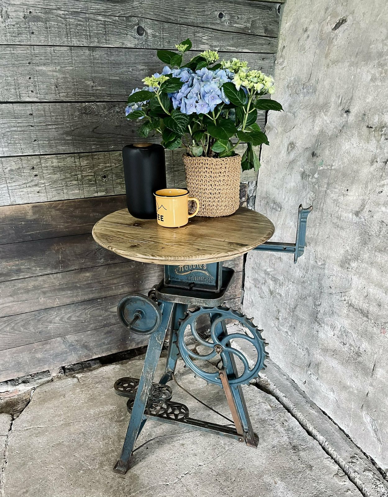 Ellis Antique And Repurposed Band Saw Side Table With Reclaimed Scaffolding Board Top photo 910.0