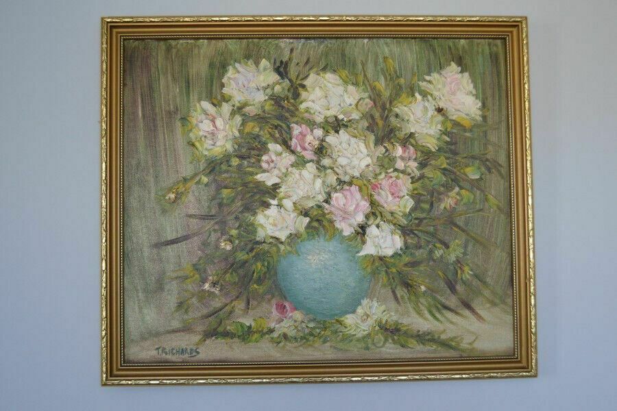 Vintage Flower Painting Oil On Board photo furniture