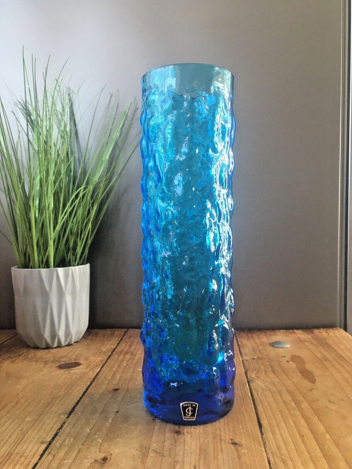 Large Mid Century 12" Swedish Lindshammar Glass Blue Bark Vase Jc Jones & Co photo furniture