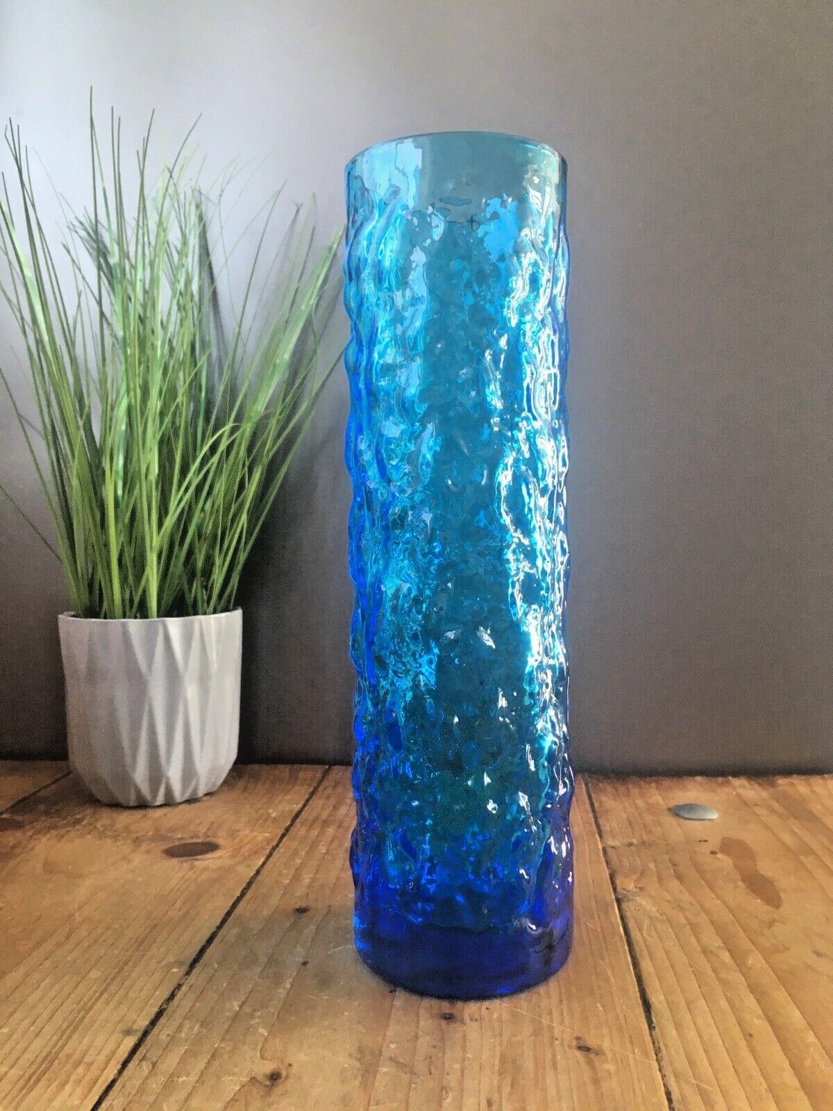 Large Mid Century 12" Swedish Lindshammar Glass Blue Bark Vase Jc Jones & Co photo 125.0