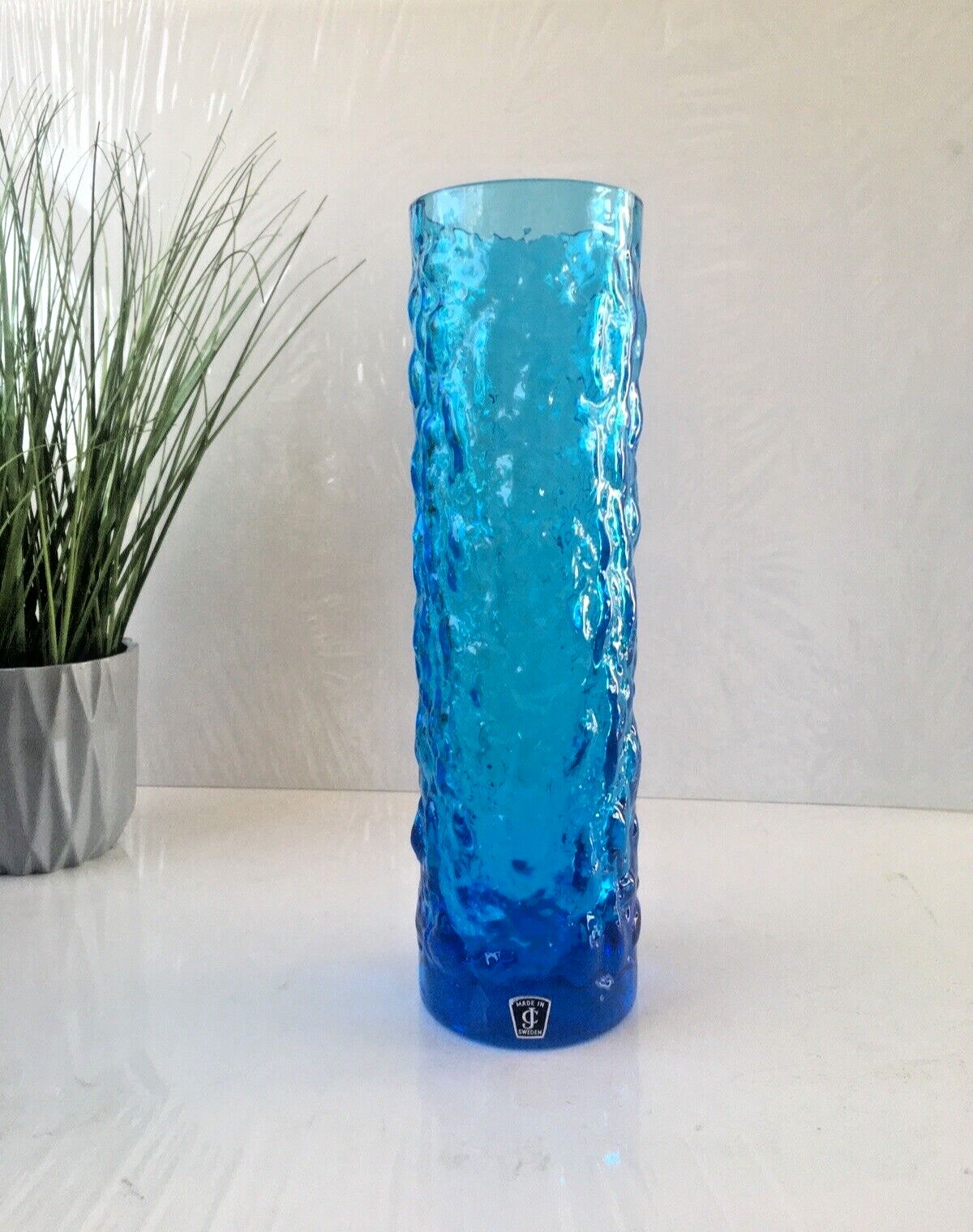 Home Decor Large Mid Century 12" Swedish Lindshammar Glass Blue Bark Vase Jc Jones & Co photo