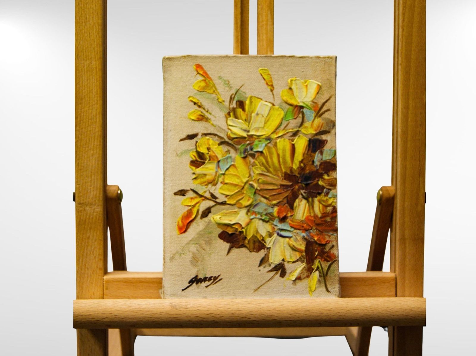 Small Oil On Canvas Flower Bouquet, Mid Century Oil On Canvas Pallet Knife Floral Painting Signed 'Garey' photo for sale