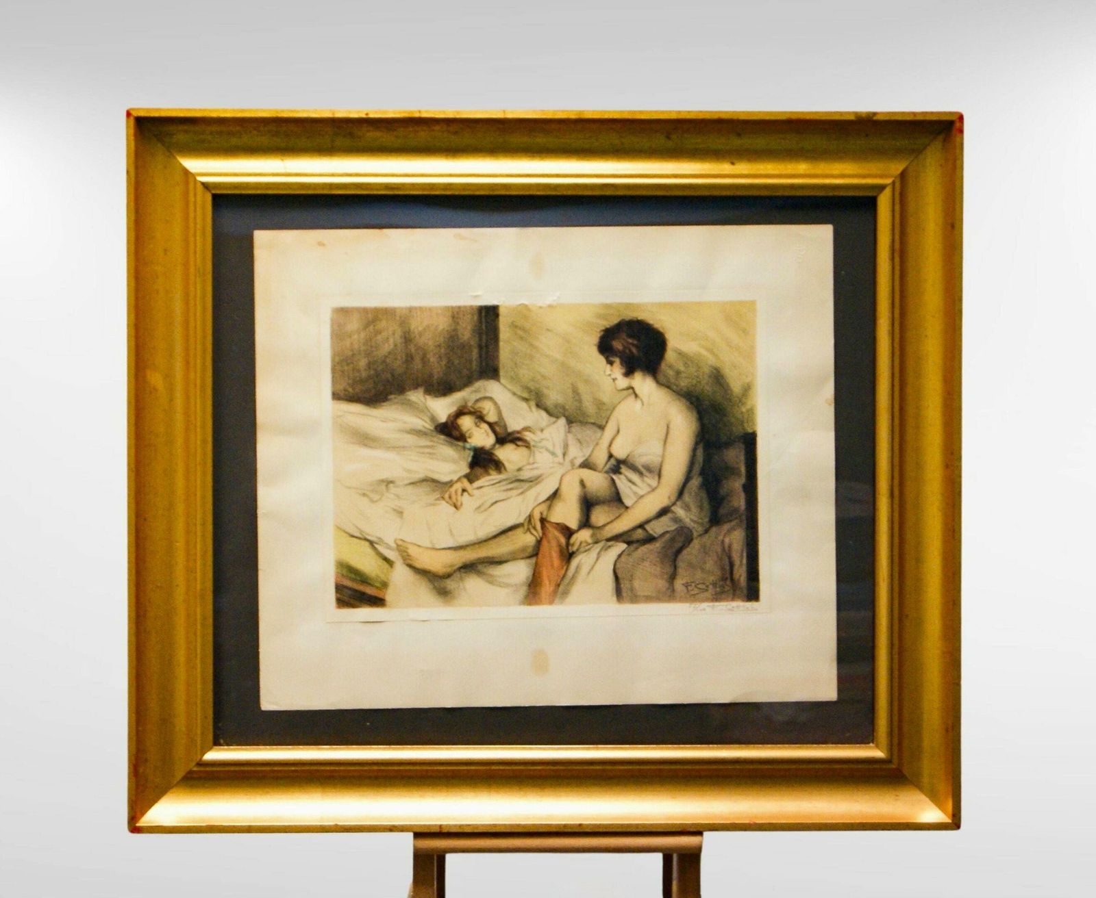 1930s Lesbian Couple Semi Nude Painting, Colour Lithograph On Paper 55/100 Artist Signed