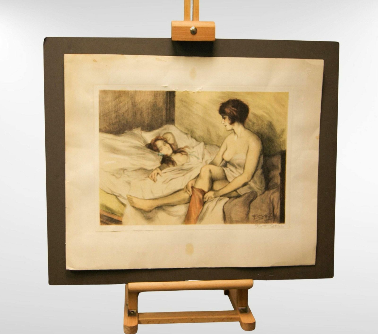 1930s Lesbian Couple Semi Nude Painting, Colour Lithograph On Paper 55/100 Artist Signed photo furniture