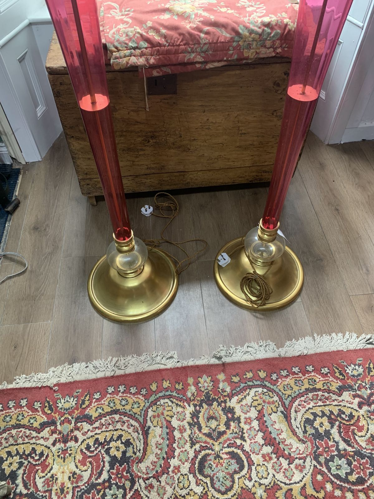 A Pair Of Mid Century Cranberry Glass Trumpet Floor Standing Lights photo vinterior