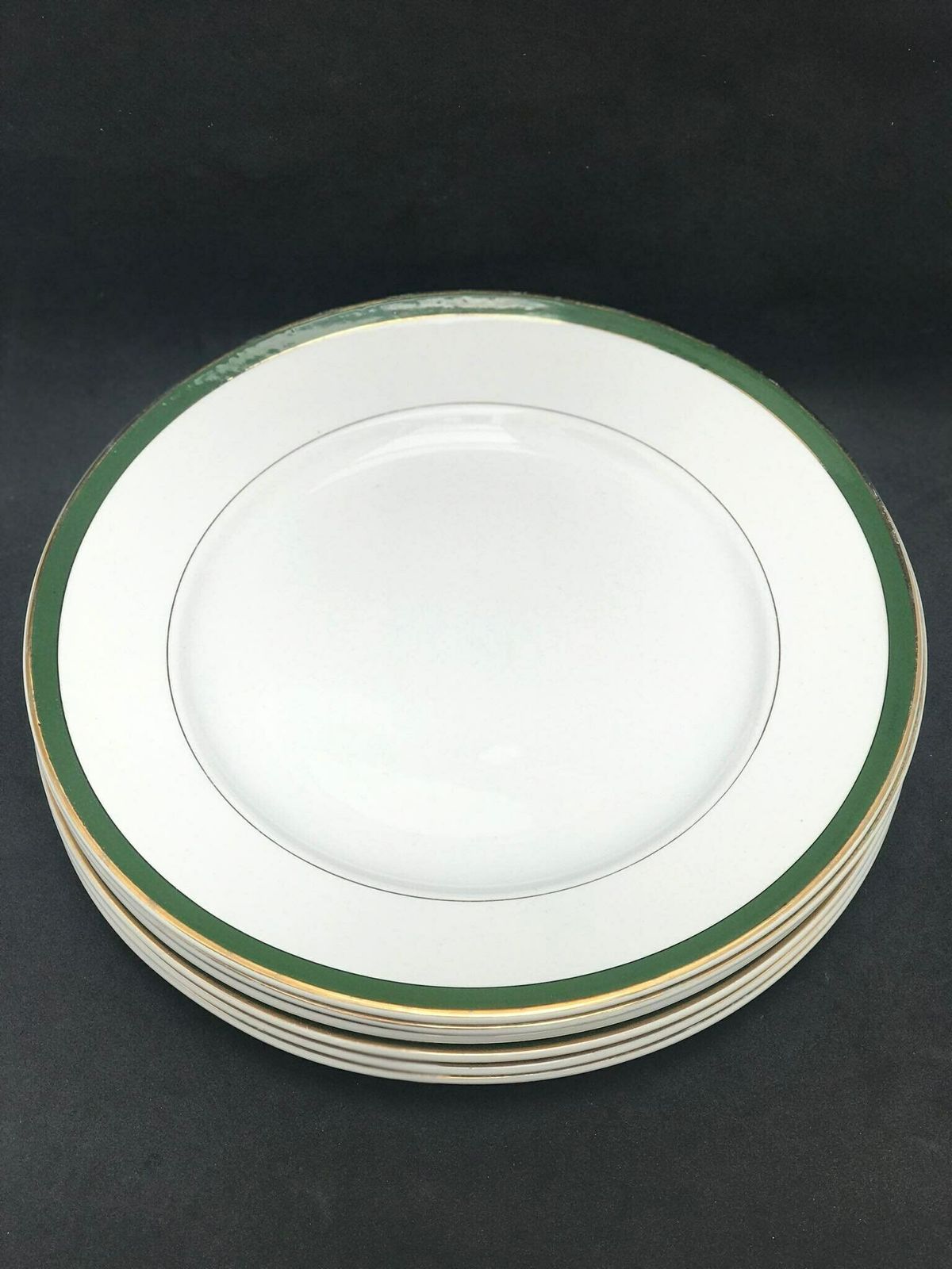 Antique Set 6 Dinner Plates Made By Villeroy And Boch Mettlach Green Golden Rim XIX Century Large Plates 25,1 Cm Diameter German Porcelain photo buy