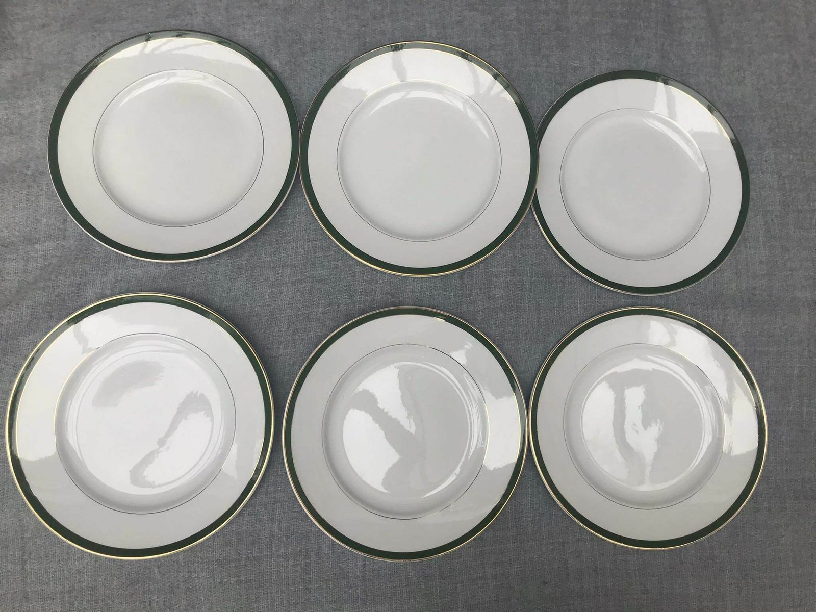 photo for sale Antique Set 6 Dinner Plates Made By Villeroy And Boch Mettlach Green Golden Rim XIX Century Large Plates 25,1 Cm Diameter German Porcelain