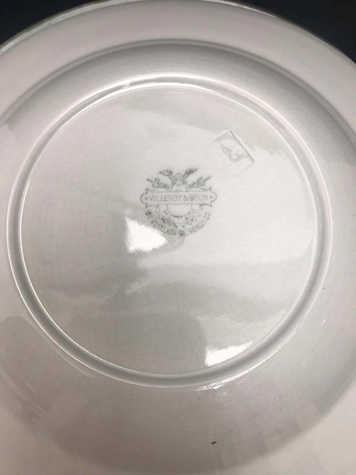 Antiek Set Van 6 Soepborden Van Villeroy And Boch Mettlach, Groene Rand Met Goud, 19e Eeuw, Grote Borden 25,1 Cm Diameter, Duits Porselein photo 231.0